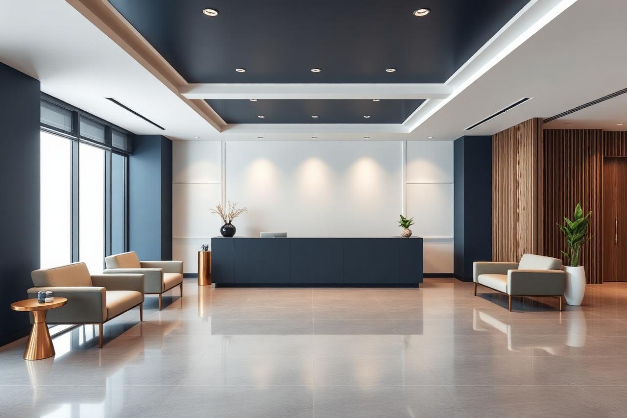Modern corporate office reception with navy and gold interior design
